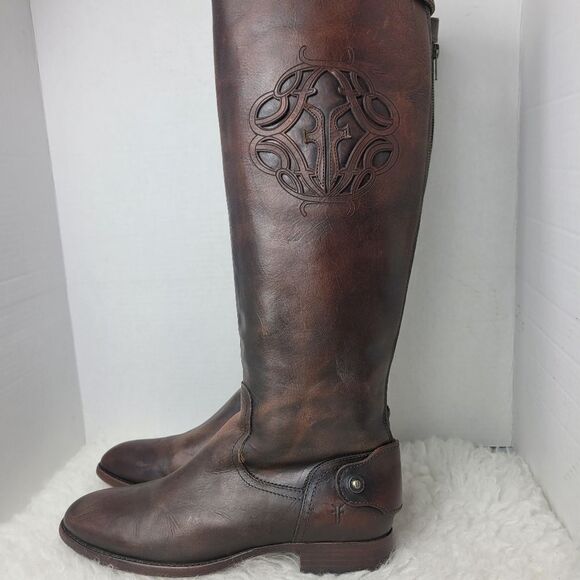 Frye Lindsay Womens Boots Size 8.5 Logo Embroidered Brown Riding Back Side Zip - Picture 2 of 11